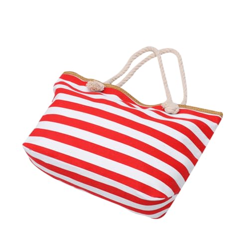 Healeved Schultertasche Canvas mit Streifenmuster Leichte Tragbare Handtasche für Damen Umweltfreundliche Strandtasche mit Reißverschluss für Shopping Reisen und Alltag Rotes Design von Healeved