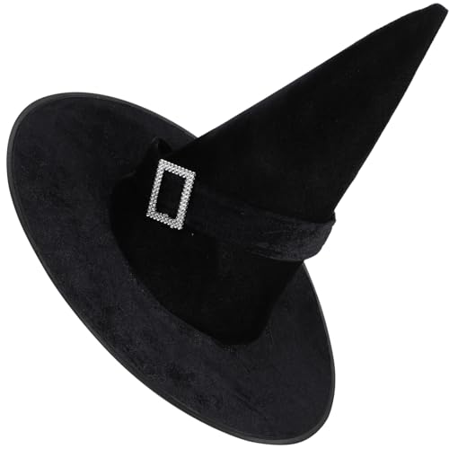 Healeved Schwarzer Velours Hexenhut mit spitz zulaufender Form Halloween Kostüm Accessoire für Damen Hut Geeignet für Karneval Festliche Verkleidungen und Mottopartys von Healeved