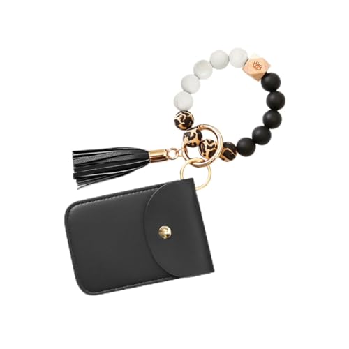 Healeved Silikonarmband Schlüsselanhänger mit Kartenetui Bequemer Handgelenk Armband Schlüsselhalter mit Holzperlen Schwarz für Ausweise Kreditkarten und Bargeld von Healeved