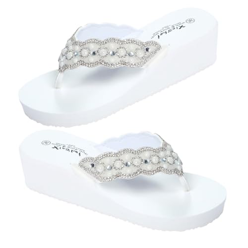 Healeved Sommer Damen Beach Shoes mit Perlen und Strass Rutschfeste Flip Flops mit Keilabsatz Modische Flache Hausschuhe für Strand Weiß von Healeved