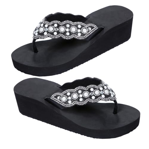 Healeved Sommer Damen Sandalen mit Perlen und Diamanten Rutschfeste Plateau Strandschuhe Bequeme Keilabsatz Flipslops Badeschuhe für Strand und Freizeit Schwarz von Healeved
