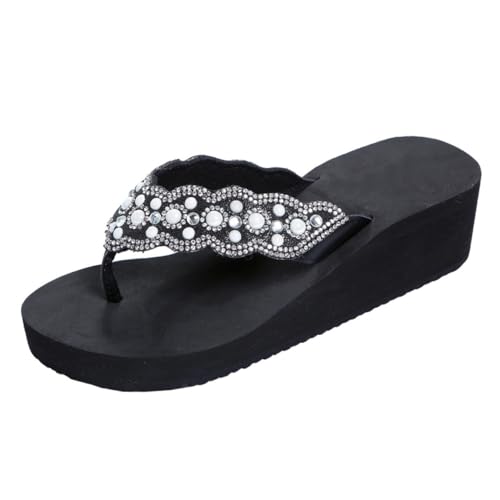 Healeved Sommer Damen Sandalen mit Perlen und Strasssteinen Rutschfeste Zehentrenner mit Mittlerer Keilsohle und Leicht Modische Badeschuhe für Strand und Freizeit Schwarz von Healeved