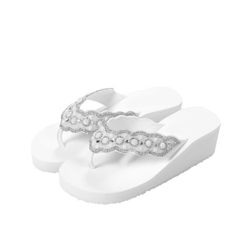 Healeved Sommer Damen Strand Schuhe Weiße Perlen Wasserdiamant Sandalen Rutschfeste Keilsandalen Bequeme Flops von Healeved