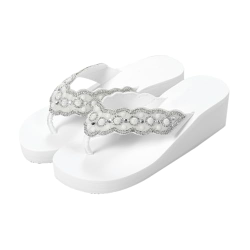 Healeved Sommerliche Damen Perlensandalen mit Wasserfestem Material und Rutsch Sohle Flache Strandschuhe mit Komfortabler Keilabsatz für Outdoor und Strand Weiß von Healeved