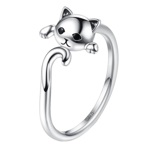 Healeved Sterling Silber Damen Ring mit Niedlicher Katzenform Verstellbar Modischer Fingerschmuck für Alltag und Kreatives Design mit Weißer Plattierung von Healeved