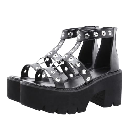 Healeved Stylische Damen High Heels Sandalen mit Offenem Zehenbereich Rutschfeste Dicke Sohle Metallrundring Design Atmungsaktiv und für Sommer und Party Schwarz von Healeved