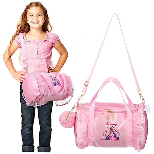 Healeved Tanztasche für Mädchen mit Besticktem Ballettschuh und Spitzen Details Doppelte Tragegriffe und Umhängegurt mit Flauschigem Schlüsselanhänger Praktische Ballett Tasche für von Healeved