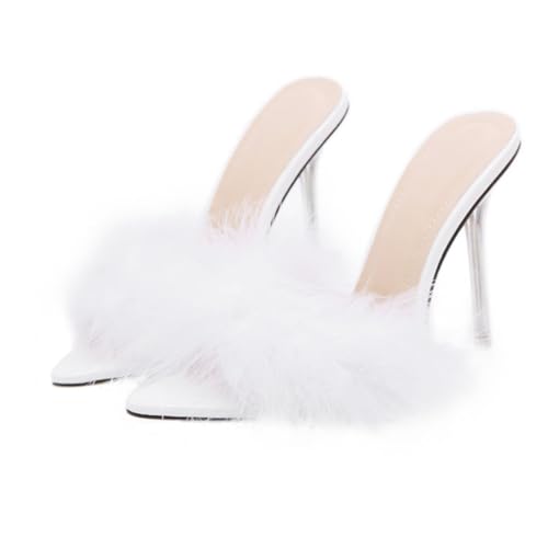 Healeved Transparente High Heels Hausschuhe mit Flauschigem Federbesatz Spitze Zehen Dünne Absatzsandalen für Damen Modisch Geeignet für Party Alltag und Geschenke Weiß von Healeved