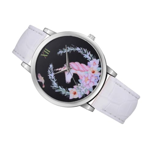 Healeved Einhorn-Muster Lederarmbanduhr Mit Quarzuhr Cartoon-Design Für Mädchen Großem Glas Verstellbarem Armband Für Kinderhandgelenke von Healeved