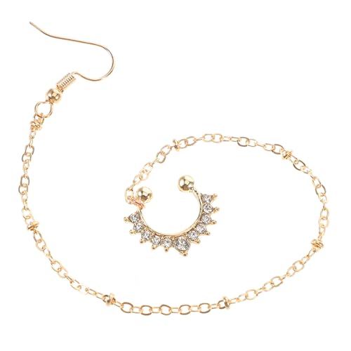 Healeved Vergoldeter nicht Durchbohrter Fake Nasenring mit Ohr zu Nase Kette Leichter Metall Schmuck mit Strassverzierung für Frauen Indischer Tanz und Festival Körperschmuck von Healeved