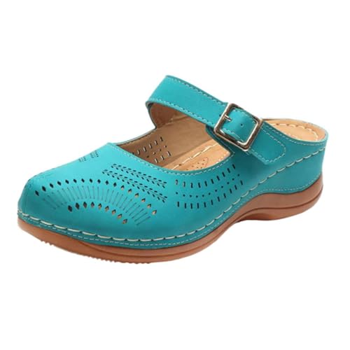 Healeved Vintage Damen Wedges Sandalen Blau Komfortable Slipper Mittelhoher Absatz Bequeme Freizeitschuhe Strapazierfähiges Material Einfach Auszuziehen von Healeved