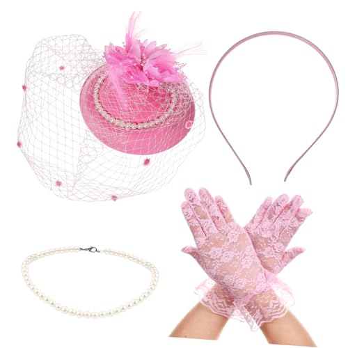 Healeved Vintage Fascinator Haar Set Damen mit Perlenkette Tea Party Hut und Handschuhe Eleganter Haarschmuck für Stil Maskerade Hochzeit und Prom Ball von Healeved