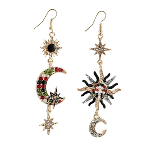 Healeved Vintage Ohrhänger Damen Asymmetrisch Langes Alloy Pendant mit Sonne Strass Schmuck für Frauen Modisch Vielseitig Party Alltag von Healeved