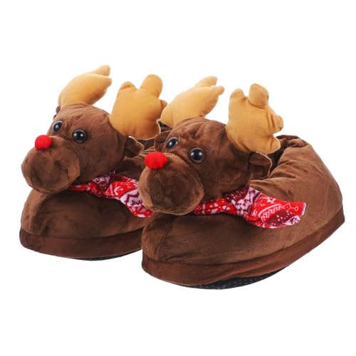 Healeved Weiche Weihnachts Plüschhausschuhe Motiv Gemütlich Warm Rutschfeste Sohle für Damen und Herren Braun Komfortable Winterhausschuhe von Healeved