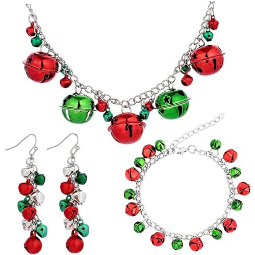 Healeved Weihnachtliche Glocken Schmuckset Bunte Glöckchen Halskette Ohrringe Armband Festlicher Schmuck für Damen Weihnachtskostüm Zubehör Geschenk von Healeved