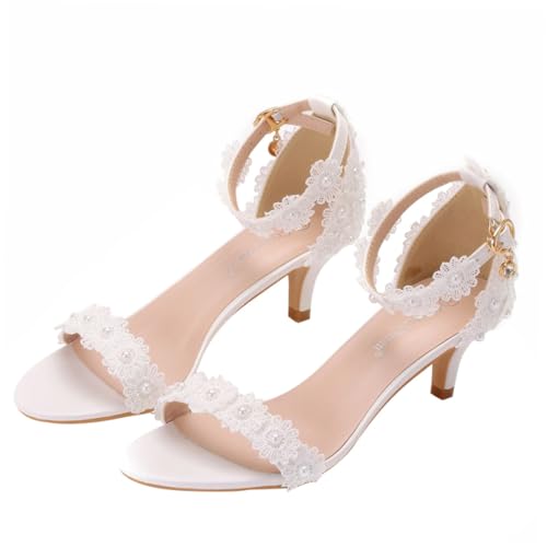 Healeved Weiße Brautschuhe mit Spitzenblumen Stilvolle High Heels PU und Gummi Dünner Absatz Offene Zehen Damen Sandalen für Hochzeit Party Arbeit und Festliche Anlässe von Healeved