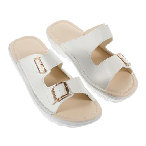 Healeved Weiße Damen Sandalen Sommer Echtleder Strandsandalen mit Keilabsatz Leichte Atmungsaktive Slipper für Freizeit zu Jeans und Shorts von Healeved