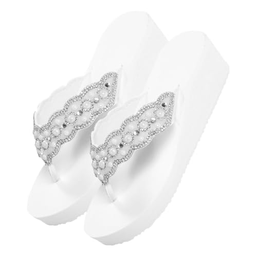 Healeved Weiße Damen Strandschuhe mit Perlen und Diamantbesatz Rutschfeste Flops mit Keilabsatz Sommerliche Badeschuhe für Strand und Freizeit und Langlebig von Healeved