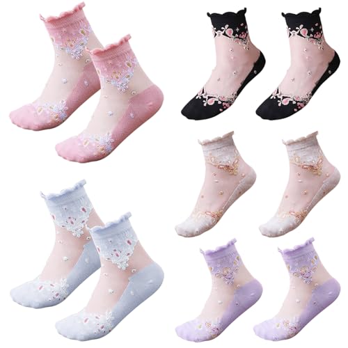 Healife 5 Paar ausgefallene socken mit rüschen damen - Socken transparent damen, Durchsichtige Spitzen-Söckchen, Blumenmuster - Ultradünne Socken von Healife