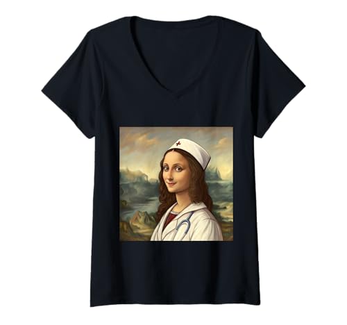 Damen Mona Lisa inspiriertes Krankenschwester-Porträt mit Stethoskop-Kunst T-Shirt mit V-Ausschnitt Damen Mona Lisa inspiriertes Krankenschwester-Porträt mit Stethoskop-Kunst T-Shirt mit V-Ausschnitt von Healing Arts Studio