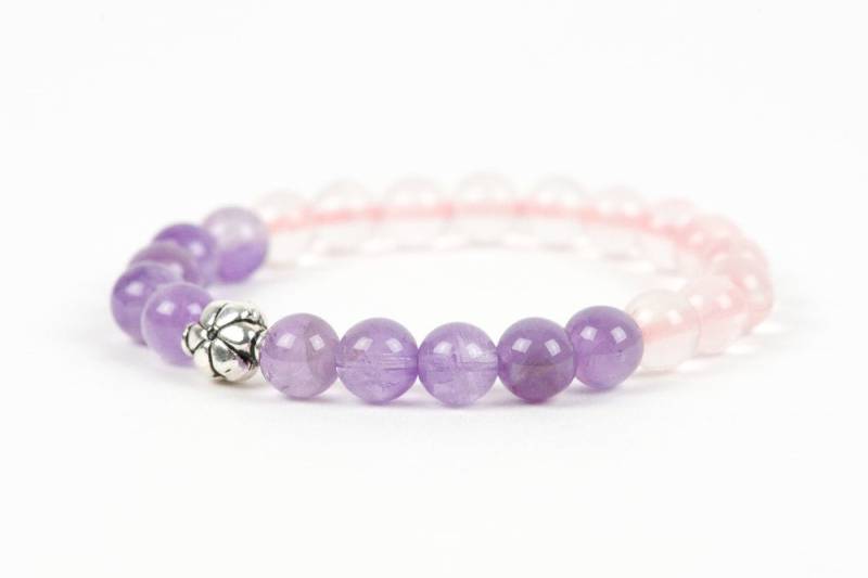 Amethyst Edelstein Und Rosenquarz Armband, Lila Sterling Silber Blumen Charm, Handgemachter Schmuck von HealingGemstone