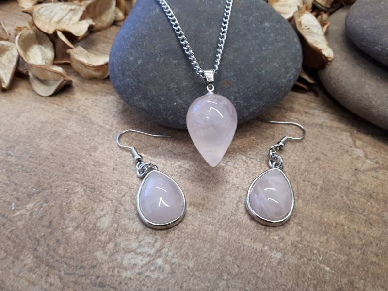Rosenquarz Kristall Schmuck-Set Echte Halskette Geschenk Und Ohrringe Set von HealingJewelryCrafts