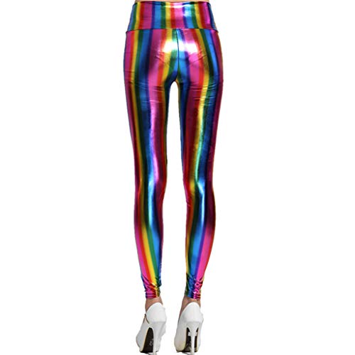 Hologramm Metallic Regenbogen Leggings Glitzer Neon Strumpfhosen Streifen Bedruckt Hohe Taille Yogahose Kunstleder Party Clubwear Regenbogen Bunt von Heallege