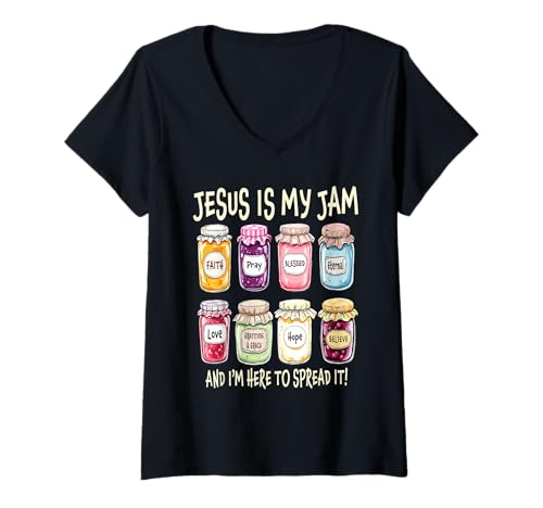 Damen Jesus ist Meine Marmelade und ich Bin Hier, um sie christlich zu verbreiten T-Shirt mit V-Ausschnitt Damen Jesus ist Meine Marmelade und ich Bin Hier, um sie christlich zu verbreiten T-Shirt mit V-Ausschnitt von Health Awareness shirt Jesus Jam Apparel Co.