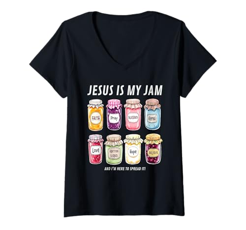 Damen Jesus ist Meine Marmelade und ich Bin Hier, um sie christlich zu verbreiten T-Shirt mit V-Ausschnitt Damen Jesus ist Meine Marmelade und ich Bin Hier, um sie christlich zu verbreiten T-Shirt mit V-Ausschnitt von Health Awareness shirt Jesus Jam Apparel Co.