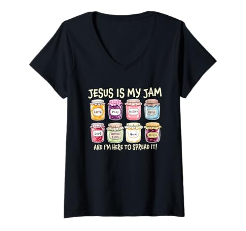 Damen Jesus ist Meine Marmelade und ich Bin Hier, um sie christlich zu verbreiten T-Shirt mit V-Ausschnitt Damen Jesus ist Meine Marmelade und ich Bin Hier, um sie christlich zu verbreiten T-Shirt mit V-Ausschnitt von Health Awareness shirt Jesus Jam Apparel Co.