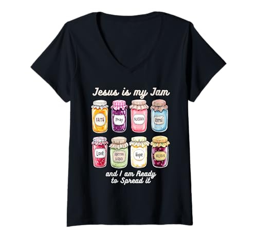 Damen Jesus ist Meine Marmelade und ich Bin Hier, um sie christlich zu verbreiten T-Shirt mit V-Ausschnitt Damen Jesus ist Meine Marmelade und ich Bin Hier, um sie christlich zu verbreiten T-Shirt mit V-Ausschnitt von Health Awareness shirt Jesus Jam Apparel Co.