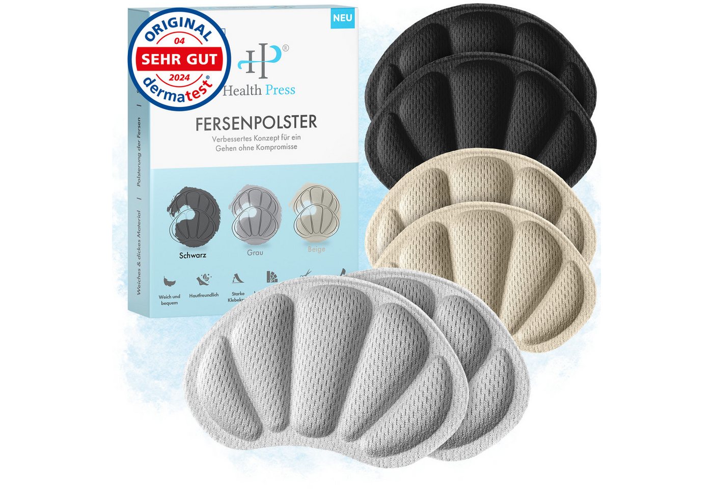 Health Press Fersenpolster Premium Fersenkissen - 3 Paar Schuheinlagen in Schwarz, Grau, Beige (6-tlg) von Health Press