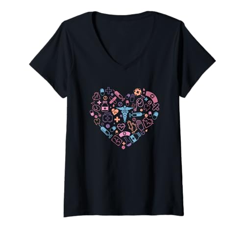 Damen Medizinischer Herzschlag Gesundheitswesen Symbole Herz T-Shirt mit V-Ausschnitt Damen Medizinischer Herzschlag Gesundheitswesen Symbole Herz T-Shirt mit V-Ausschnitt von Healthcare Love Medical Symbols Heartbeat