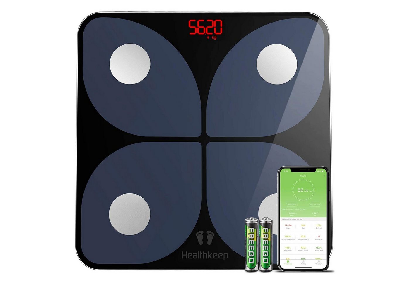 Healthkeep Körper-Analyse-Waage Digitale Körperfettwaage Gewichtswaage Glaswaage bis 180kg, App-Verbindung, 13 Parameter Körperfett Muskelmasse BMI von Healthkeep