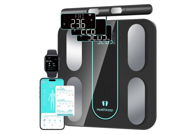 Healthkeep Körper-Analyse-Waage Intelligente Körperwaage mit 8 Elektroden für 21 Körperdaten, Hochpräzise BIA-Messung mit doppelter Frequenz, kompatibel mit App für Android und iOS, Max. 180 kg/400 lb/28 st von Healthkeep