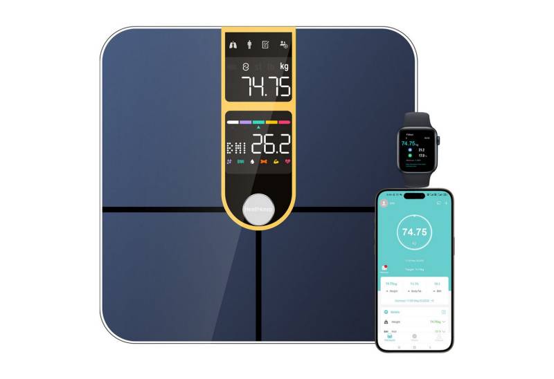Healthkeep Körper-Analyse-Waage Intelligente Körperwaage mit Bluetooth 2 VA-Displays 16 Körperdaten, ITO-Beschichtungstechnologie App-kompatibel mit Android und iOS, Max. 180 kg/400 lb/28 st von Healthkeep