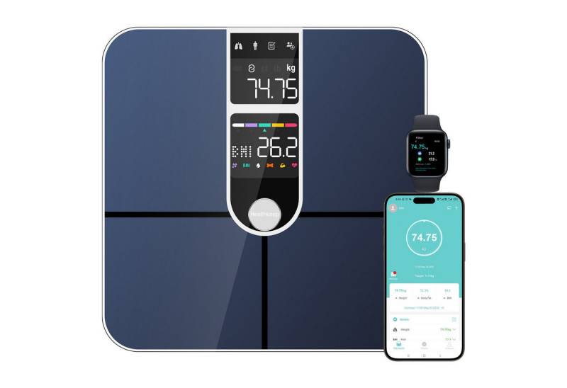 Healthkeep Körper-Analyse-Waage Intelligente Körperwaage mit Bluetooth 2 VA-Displays 16 Körperdaten, ITO-Beschichtungstechnologie App-kompatibel mit Android und iOS, Max. 180 kg/400 lb/28 st von Healthkeep