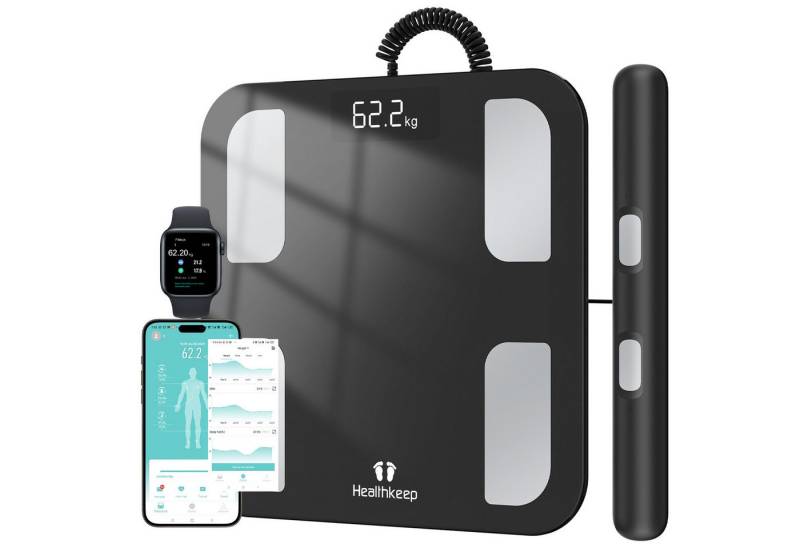 Healthkeep Personenwaage mit 8 Elektrodenmit App Intelligent für 18 analysierte Körperdaten, großem LED-Display, Für Android und iOS Apps. Max. 180kg/400lb/28st) 30 x 30 cm von Healthkeep