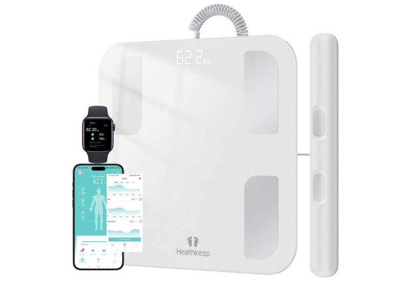 Healthkeep Personenwaage mit 8 Elektrodenmit App Intelligent für 18 analysierte Körperdaten, großem LED-Display, Für Android und iOS Apps. Max. 180kg/400lb/28st) 30 x 30 cm von Healthkeep