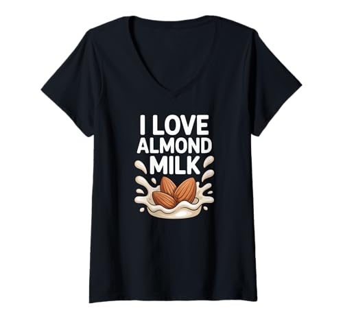 Damen I Love Mandelmilch-Nuss-Getränkeventilator T-Shirt mit V-Ausschnitt Damen I Love Mandelmilch-Nuss-Getränkeventilator T-Shirt mit V-Ausschnitt von Healthy Vegan Dairy Almond Lovers
