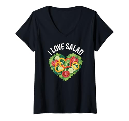 Damen I Love Salad Herzform Gemüse Kunst T-Shirt mit V-Ausschnitt von Healthy Vegan Plant Style Heart Shape