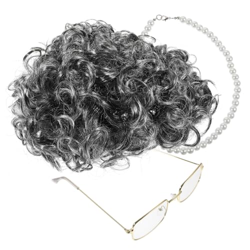 Healvian Kurz Lockige Perücke Für Ältere Dame Kostüm Brille Und Halskette Cosplay-kit Für Kostümpartys Halloween Bühnenauftritte Und Besondere Anlässe von Healvian