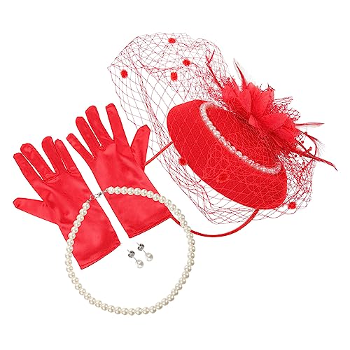 Healvian 1satz Fascinator Hut Mit Schleier Perlen-halskette Ohrringe Und Handschuhe Für Damen Elegantes Set Für Tea Party Hochzeitsfeier Und Fotoshootings von Healvian