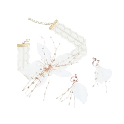 Healvian Blumenohrringe Set Mit Perlenkette Stoffblumen- Und Ohrclip-schmuck Für Und Mädchen Zarte Dekorationsrequisiten Für Hochzeit Und Party von Healvian