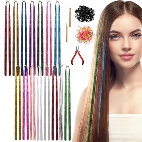 Healvian Haar Lametta Kit Glitzer Haarsträhnen zum Flechten 16 Farben Glitzersträhnen für Haare Hair Tinsel mit Werkzeugen für Frauen, Mädchen & Kinder Haarschmuck von Healvian