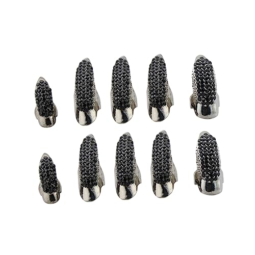 Healvian 10stücke Gothic Punk Krallenringe Für Cosplay Schwarze Kunstnägel Mit Kristallen Halloween-dekoration Für Kostümpartys von Healvian