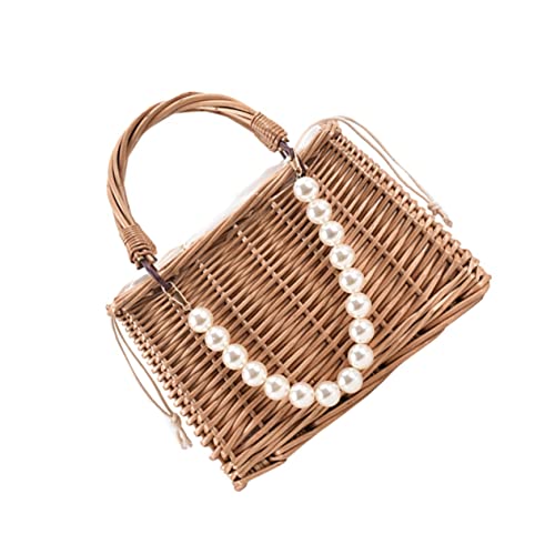 Healvian 1 Stück Grasgewebige Perlenhandtasche Mode Perlenstrohbeutel Tasche Für Strandfrauen Damenstrohhandtasche Strohsäcke Für Den Strand Gewebte Strandtasche Stoff Khaki von Healvian