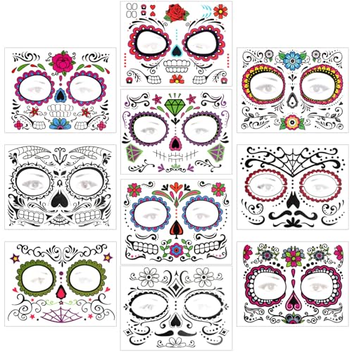 Healvian 10 Blatt Halloween Skull Gesichtsaufkleber Temporäre Sticker für Festivals Körperkunst Kostümpartys Wasserfest und Hautfreundlich Zufällige Designs von Healvian