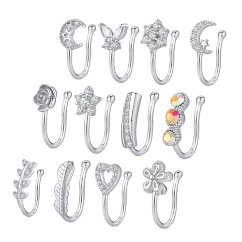 Healvian 12 Stück Teiliges Fake Nasenringe Piercing Silberfarbene Nasenklammern mit Funkelnden Zirkonia Hautfreundlich Leicht und Modisch für Damen und Mädchen bei Partys und Alltag von Healvian