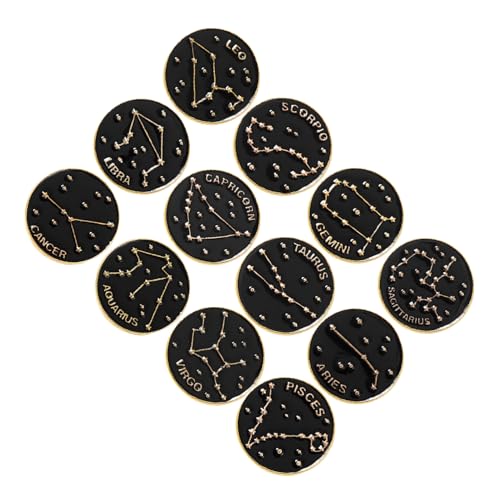 Healvian 12 Stück Teiliges Sternzeichen Emaille Anstecknadeln Set Vintage Astrologie Broschen aus Legierung Modische Pins für Kleidung Rucksack Kreative Schwarze Runde Abzeichen von Healvian